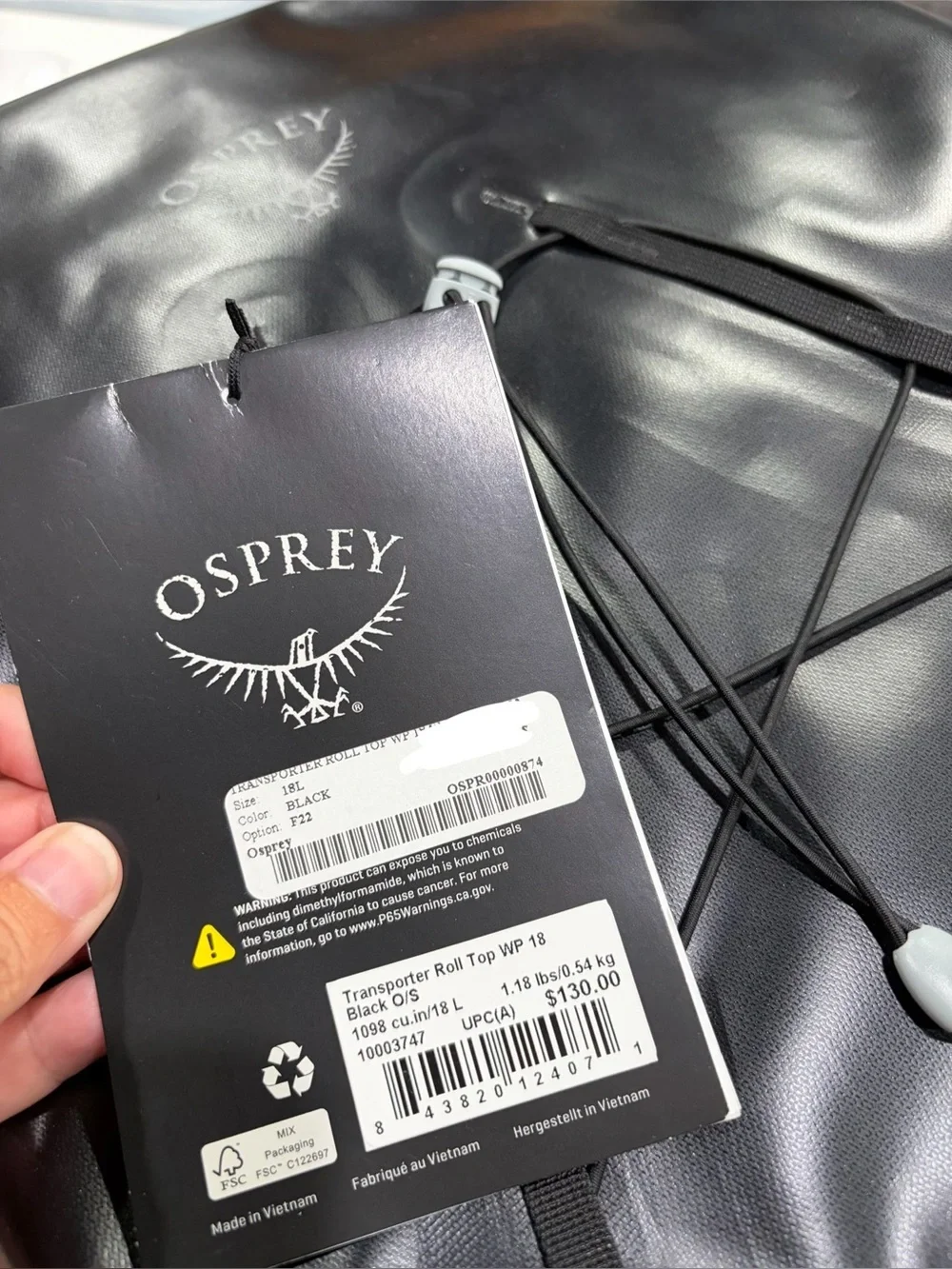 Osprey Transporter Waterproof 18 Backpack NWT Black Roll-Top Closure Bungee